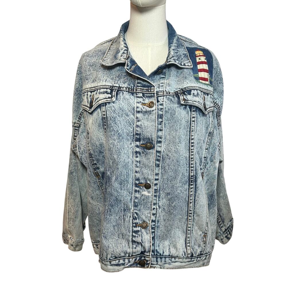 VTG 90s Ocean Denim Acid Wash Lighthouse Jacket Scenic Art Oversized XL